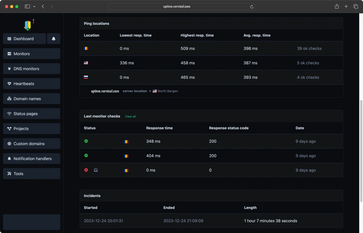Screenshot of the app monitors incidents page