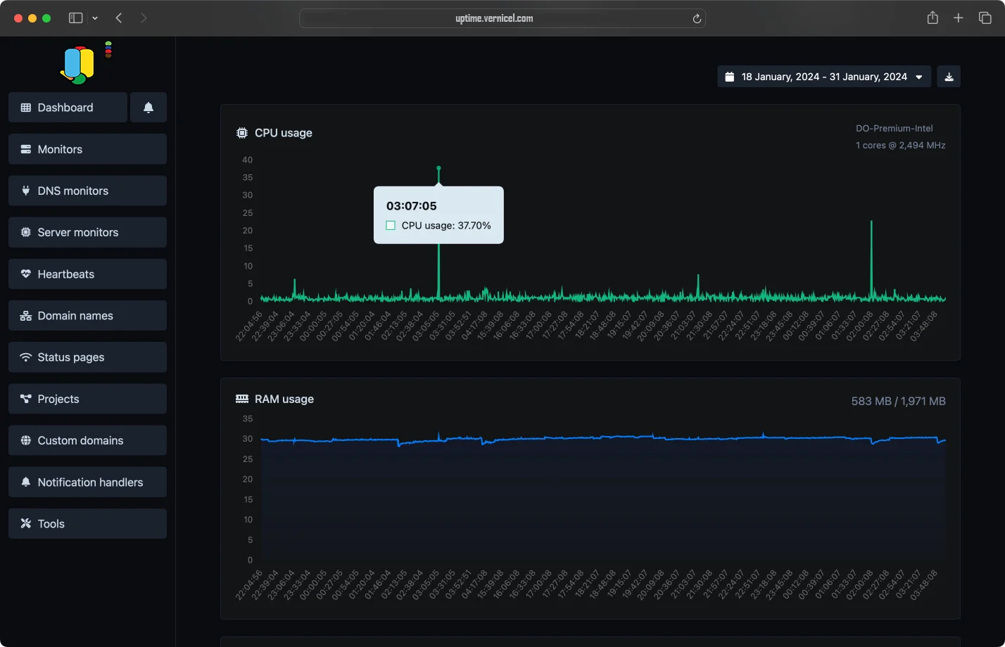 Screenshot of the app server monitor page