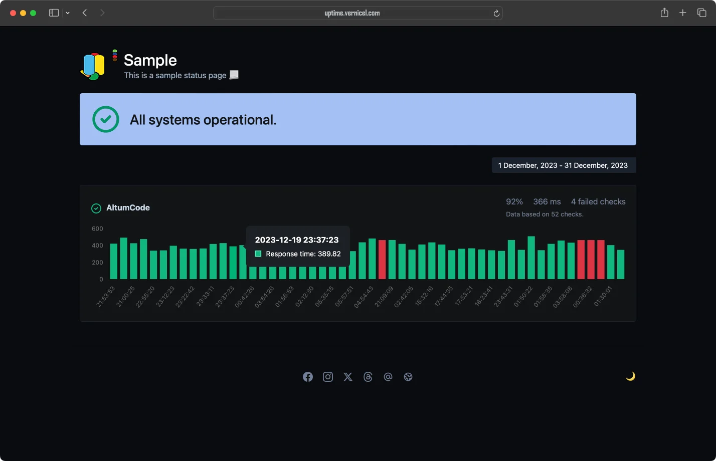 Screenshot of the app status page example
